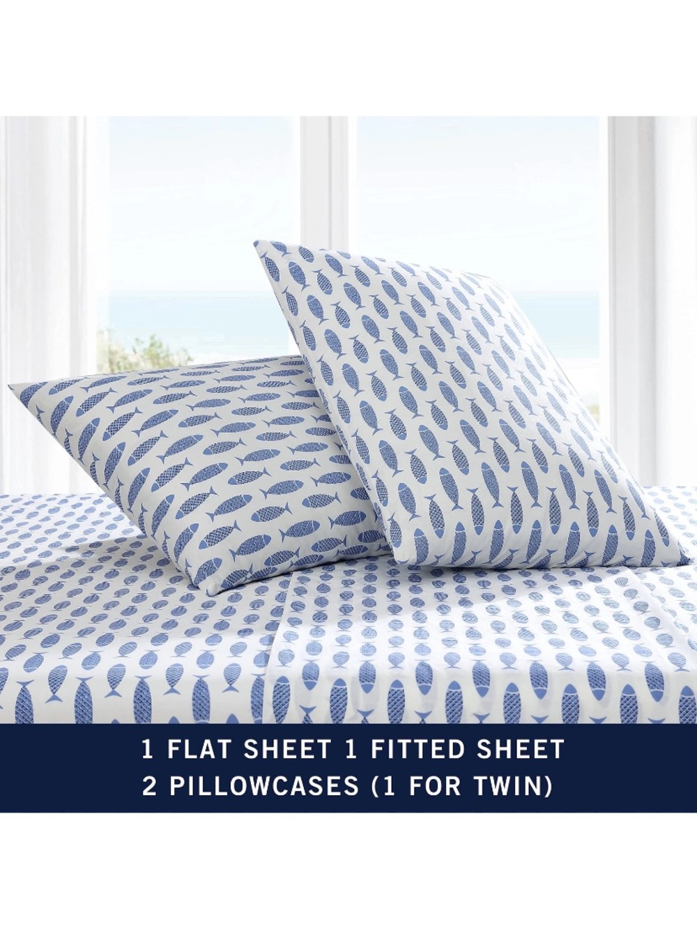 NEW Nautica Woodblock Blue Fish Cotton Full Sheet Set - Picture 2 of 10